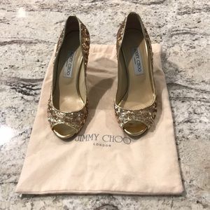 Jimmy Choo Gold Glitter Fabric Peep Toe Wedges